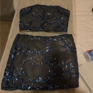 Meshki Navy Sequin Floral Skirt Set